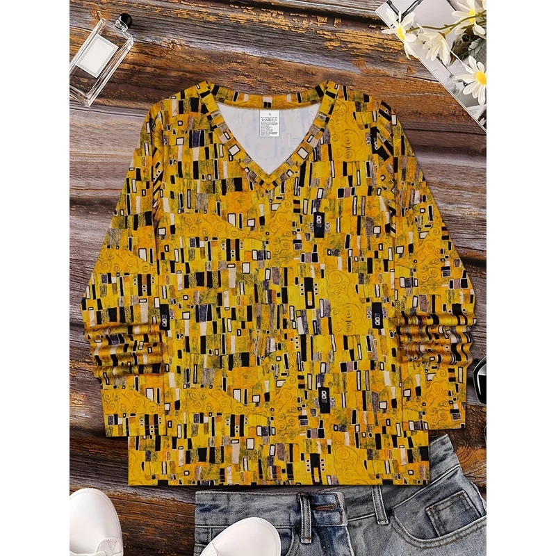 Women's 3D Print Abstract Painting/Geometric Patchwork Square Checkered Graphic/V-Neck Long Sleeve T-Shirt/Casual Shirt Top