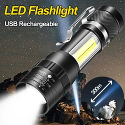 Mini USB Rechargeable LED Flashlight Small Portable Long Range Zoom Torch Lamp with Clip Strong Light Outdoor Camping Lights