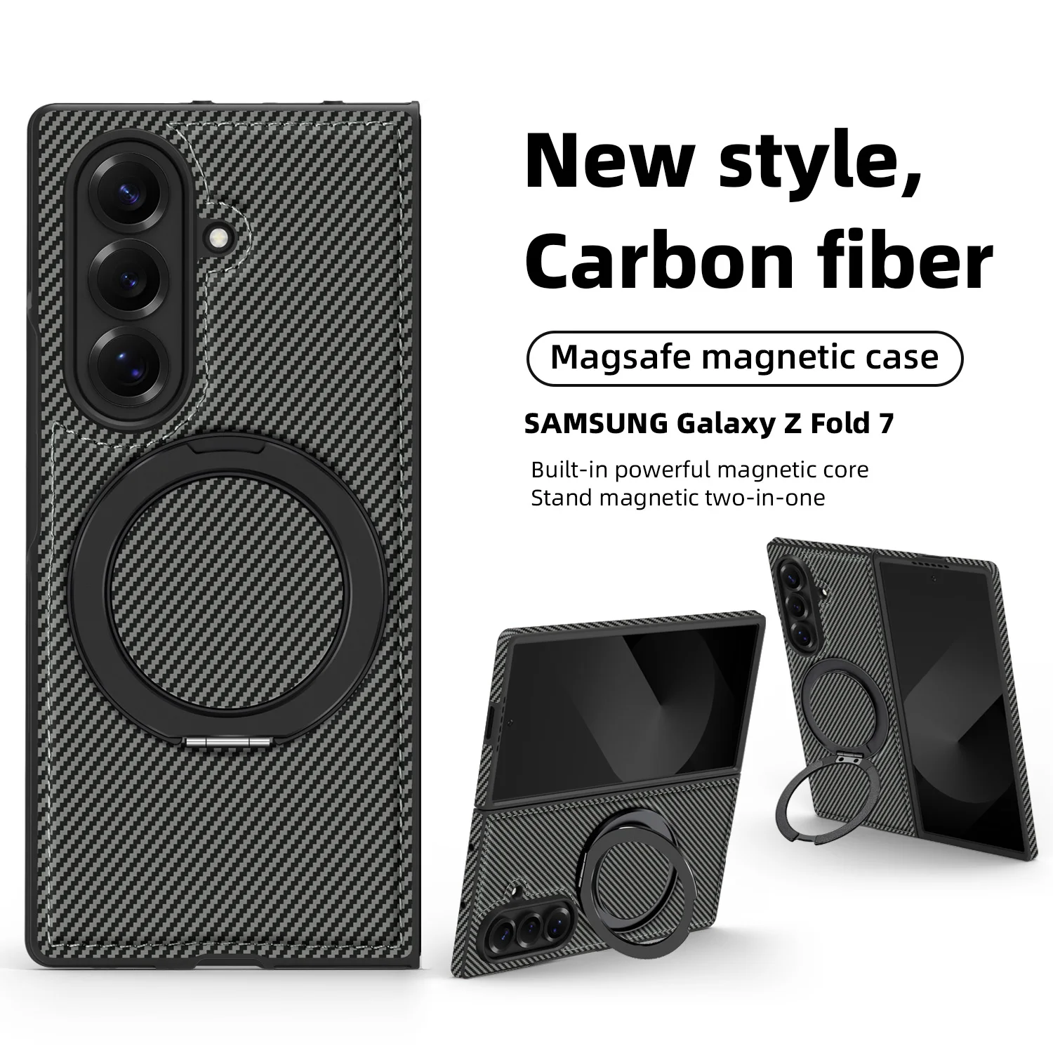 

For Samsung Galaxy Z Fold 7 Case Hard PU carbon fiber magnetic Ring Stand MagSafe Protective Back Cover Case For Z Fold7 6 5 4 3