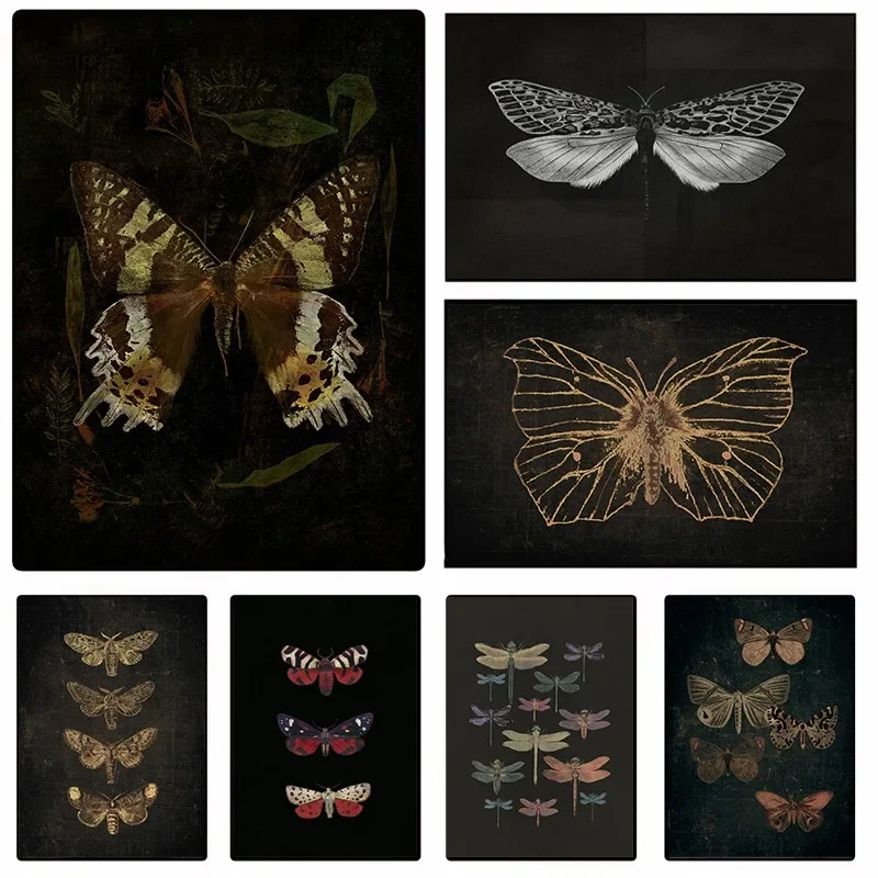 Black White Dark Butterfly Moth Canvas Poster Vintage Wall Art Minimalist Insect Botanical Painting for Gothic Living Room De