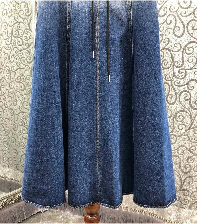 100%Cotton Denim Long Skirt 2024 Autumn Winter Skirt Women Gradient Color Prints Sexy Cross String Long Blue Jeans Skirt Maxi