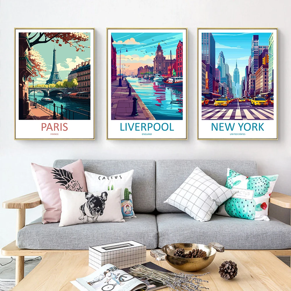 Arte de pared impreso de viaje de Nueva York, Torre Eiffel de Liverpool, París, colgante de pared, decoración del hogar, arte de viaje, regalo para amantes, cartel de paisaje urbano