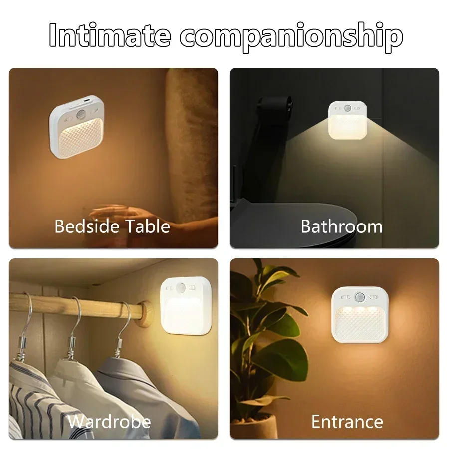 1-4 Pak Lampu Malam LED Sensor Gerak Lampu Malam Magnet Tempel Dapat Diisi Ulang untuk Kamar Tidur Tangga Kabinet Lorong Lampu Dapur