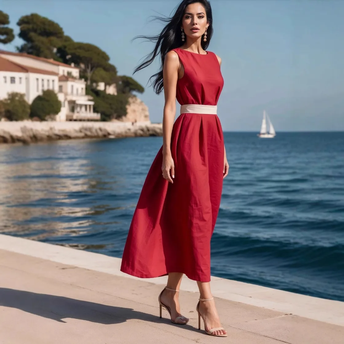 Women’s Fashion Solid Color Lace Up Mid Length Sleeveless Dress Ladies Elegant Slim Fit Solid Color Waist Cinched A-Line Dress