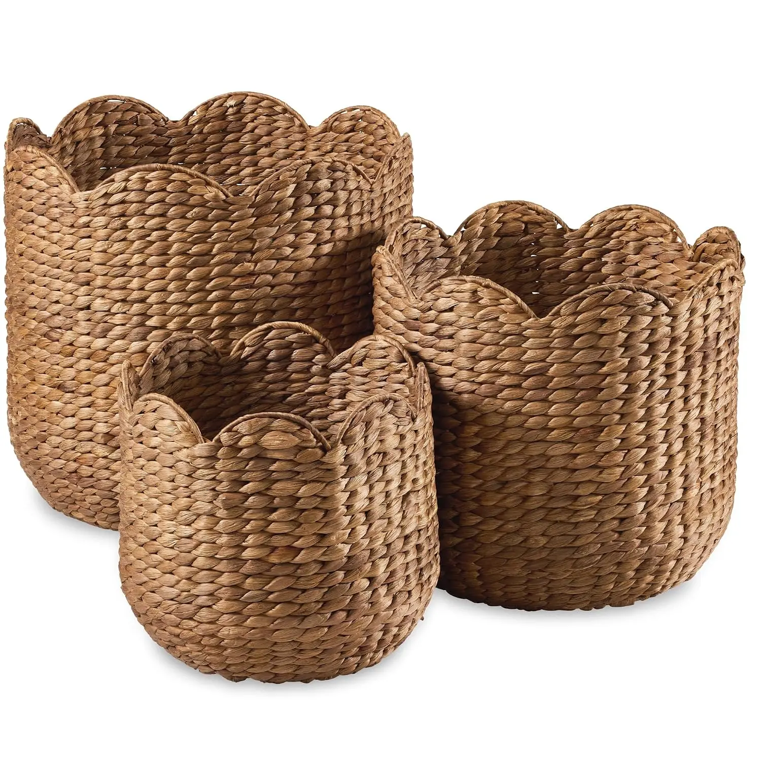 3pc Water Hyacinth Scalloped Multipurpose Nesting Baskets, Storage Bin Organization Totes for Living Room, Bedroom, Nursery