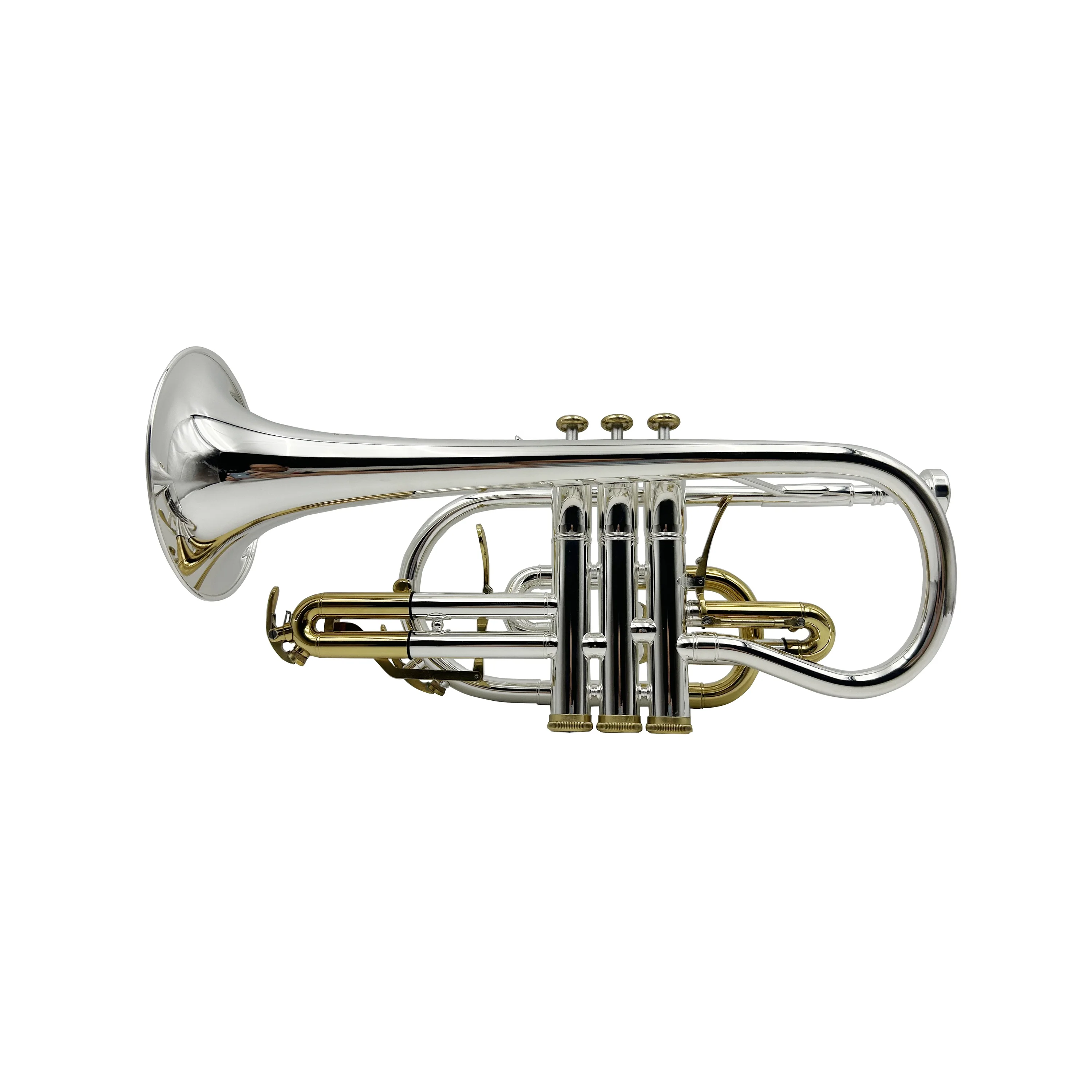 

High Quality BB Key Cornet Trumpet Brass Body with Trigger Silver Plated Surface and Gold Keys OEM JYCT408DSG