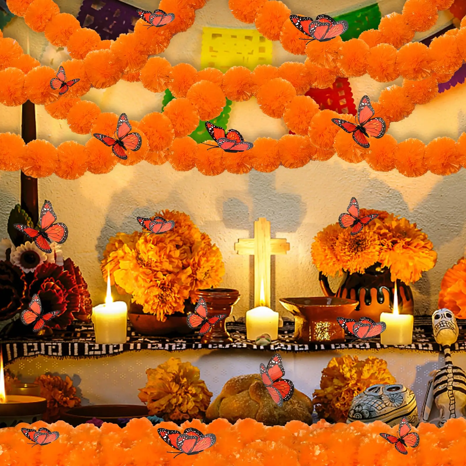 14~380pcs Day of the Dead Marigold Flower Garland Decorations Dia De Los Muertos ofrenda Altar with Monarch Butterfly Mexican