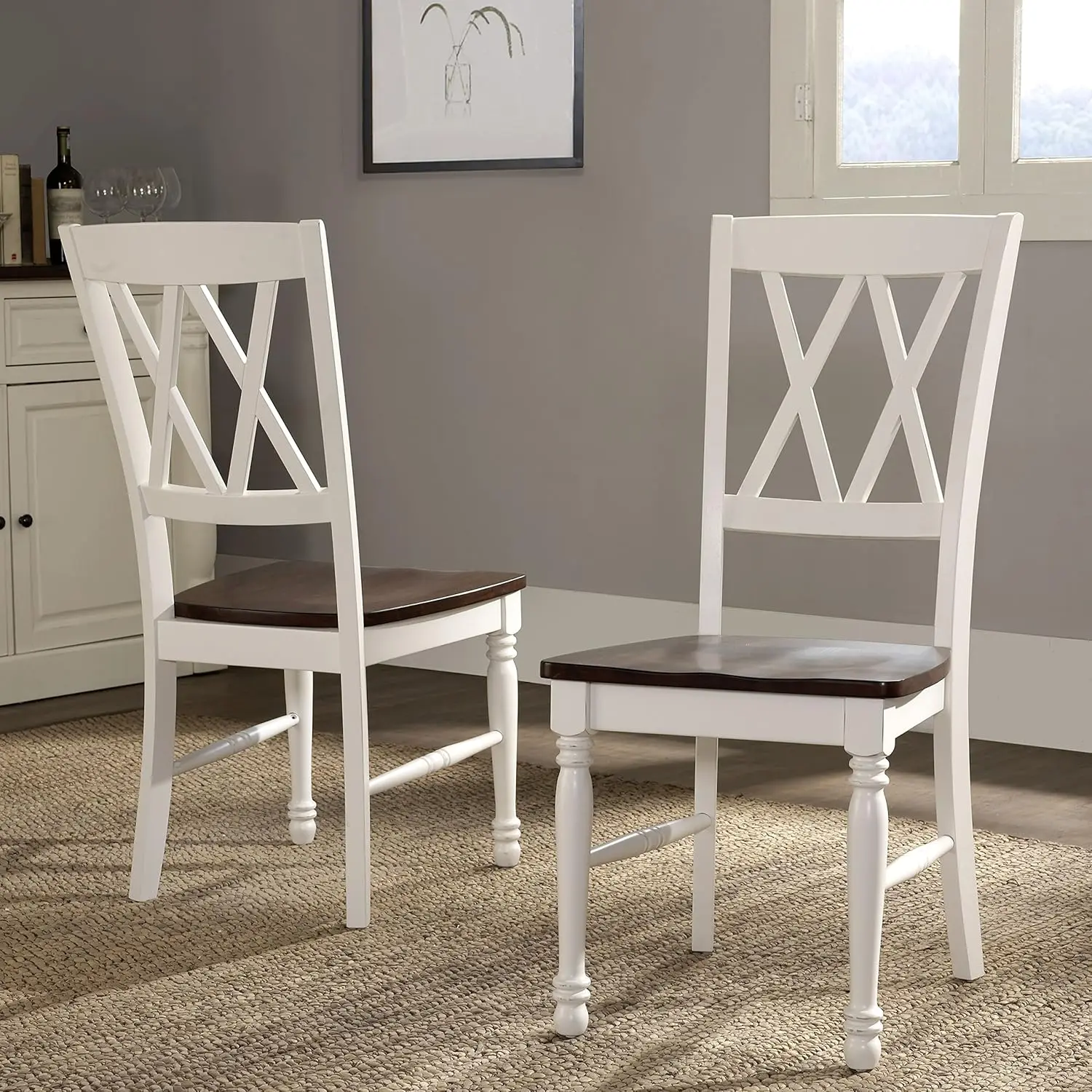 Crosley Furniture Shelby Traditional Wood X-Back Dining Room Chairs Set of 2, Kitchen Chair, Distressed White