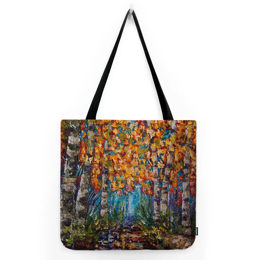 Gold Yellow Autumn Fall Birch Aspens Tree Meadow Forest Beautiful Scenery Cotton Linen Shopper Bag Shoulder Hand Tote Bag