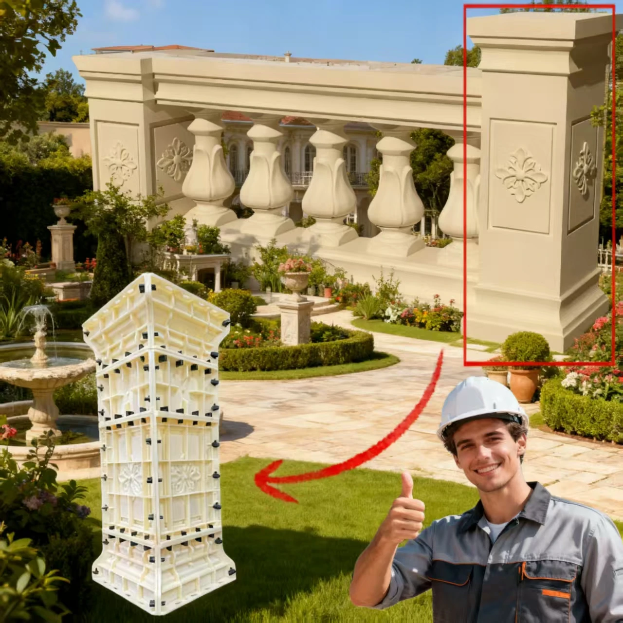 (Exclusivamente para usar con nuestros barandillas) Columnas espaciadoras que se pueden combinar con barandillas de 60 cm de alto, moldes de pilar, específicamente para hormigón y cemento, fácil de desmoldar, antiadherente, moldura única vez, fácil de usar