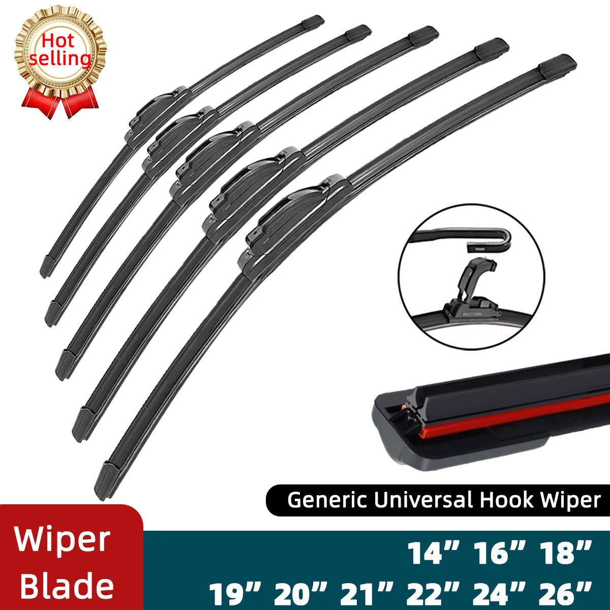 Universal double rubber strip wiper blade J U-shaped hook 14 "16" 17 "18" 19 "20" 21 "22" 24 "26" windshield rubber automotive