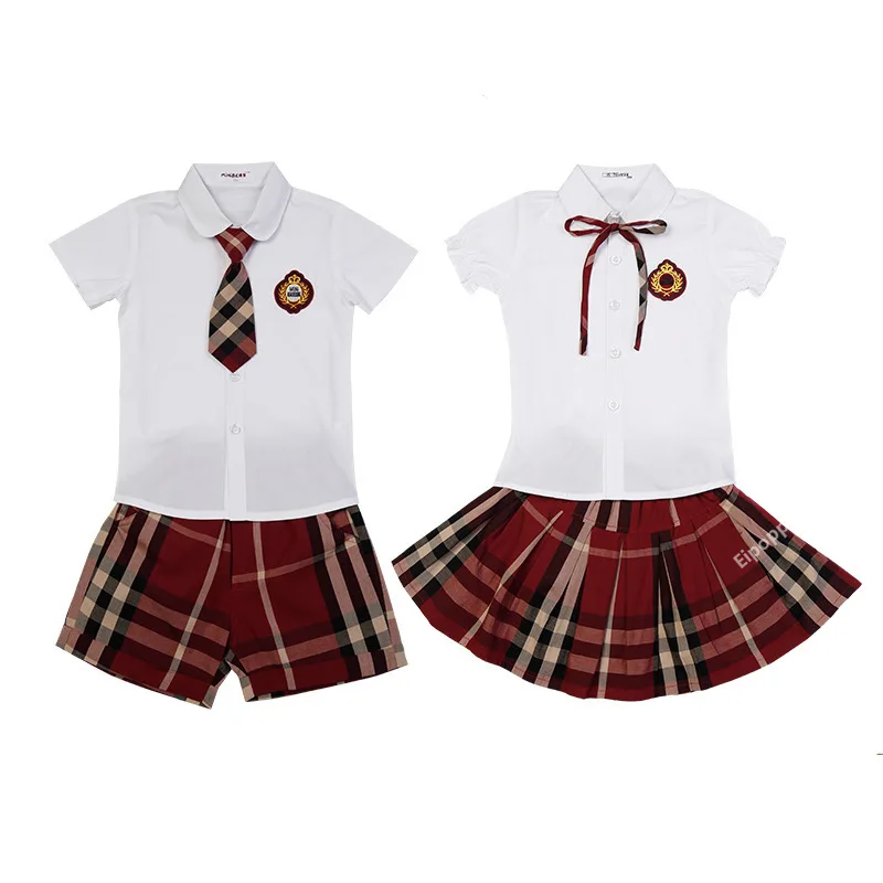 Uniforme escolar coreano infantil, camisa de manga curta, saia xadrez, roupa vermelha, trajes de coro, meninos, meninas, primário, crianças