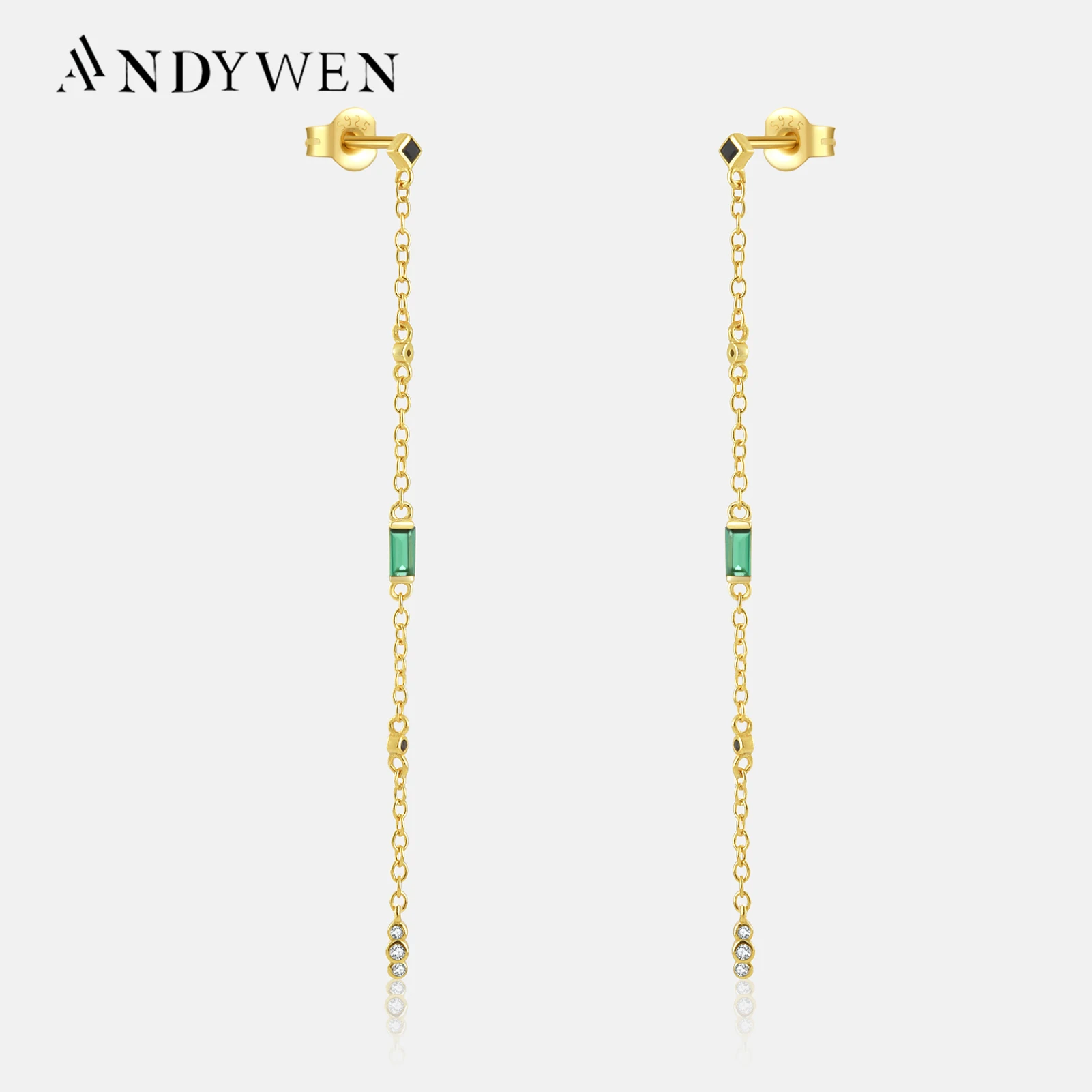 ANDYWEN 925 Sterling Silver Gold Green CZ Zircon  Long Chain Drop Earring Piercing Luxury Gift Clips Crystal Jewelry Pendiente