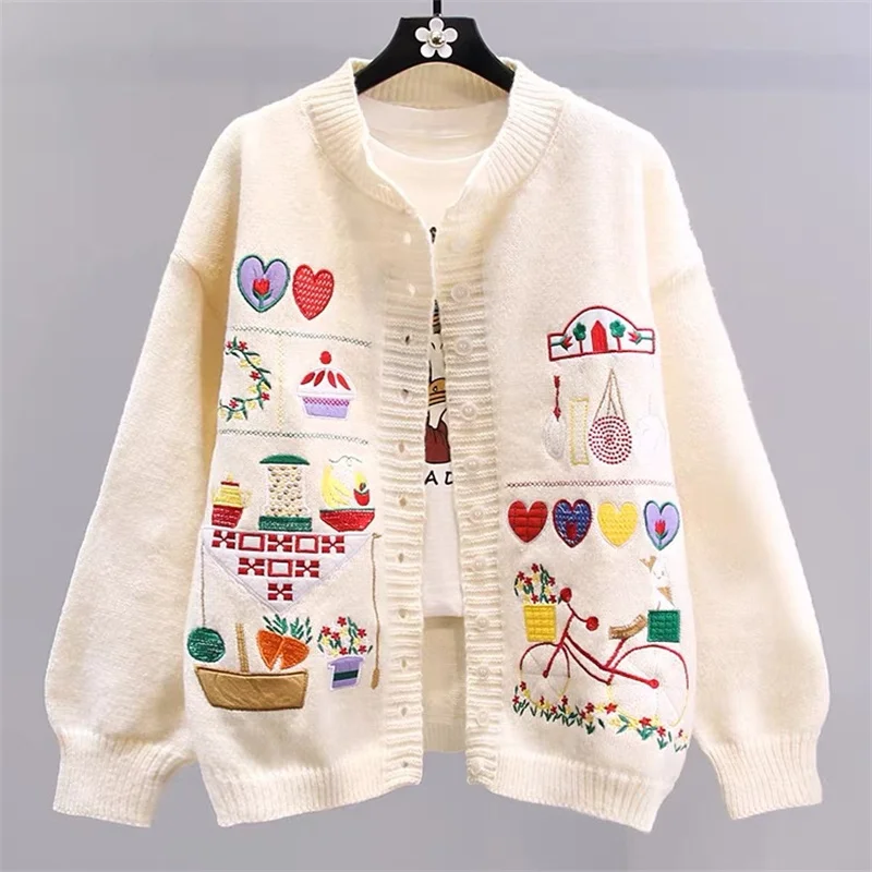 Hsa 2023 Ladies Embroidered Sweater Alphabet Pattern Fall Winter Warm Knitted Cardigan Pocket Harajuku Cute Girls Tops Y2K Retro