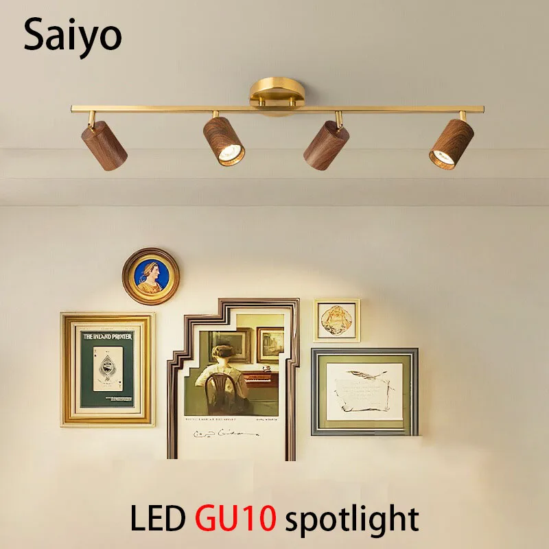 LED Spotlights Surface Mounted Spot Light 3 4 Heads Ceiling Lamp Vintage GU10 Bulb Track Light Walnut Wood Color AC110V 220V