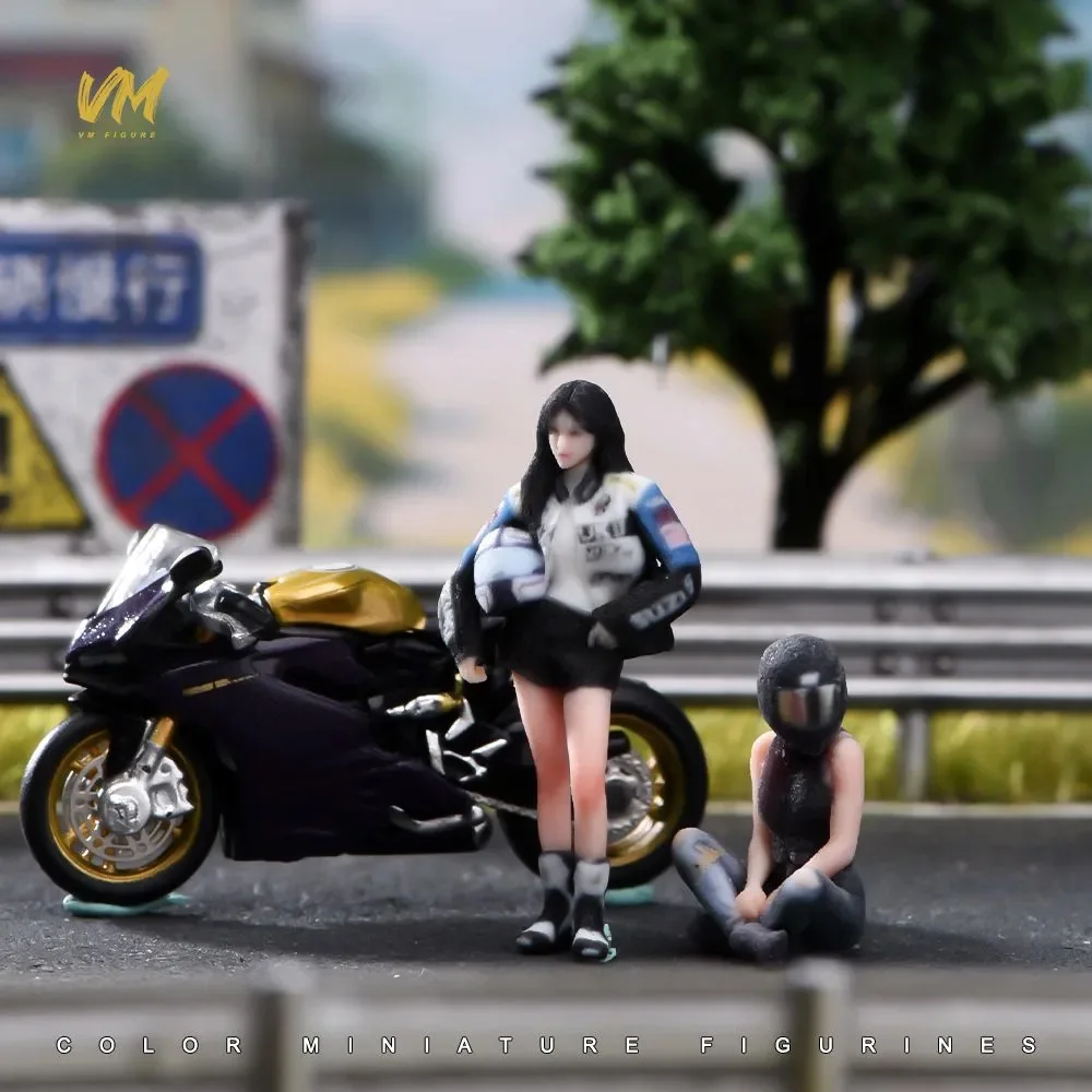 VM 1/64 Scale Helmet Holding Motorcycle Cool Girl Miniature Ornaments 3D Color Printed Resin Figures Diorama Model Decorations
