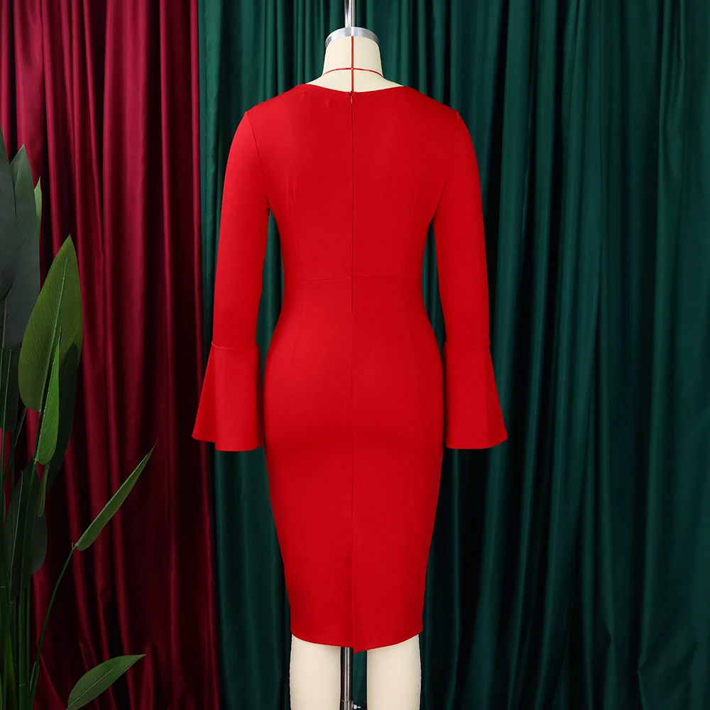 Eleganckie sukienki biurowe dla kobiet Flare Sleeve Solid Sheath Package Hips Mid Calf Professional Female Business Work Wear Dress OL