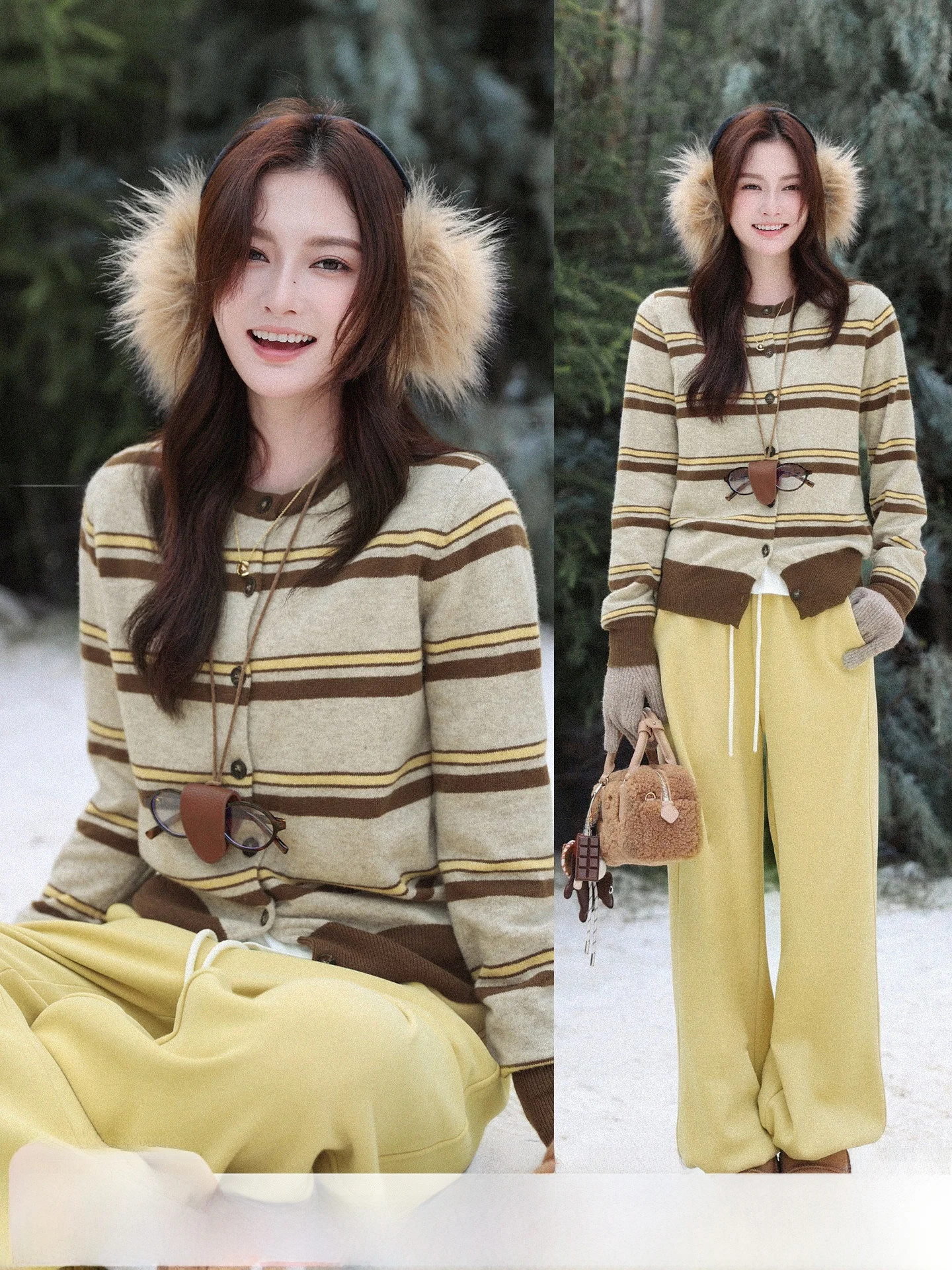 

100% Wool Knitted Open Cardigan Women's round Neck Base Layer Simple Outerwear Top Color Block Striped Casual Loose Fit