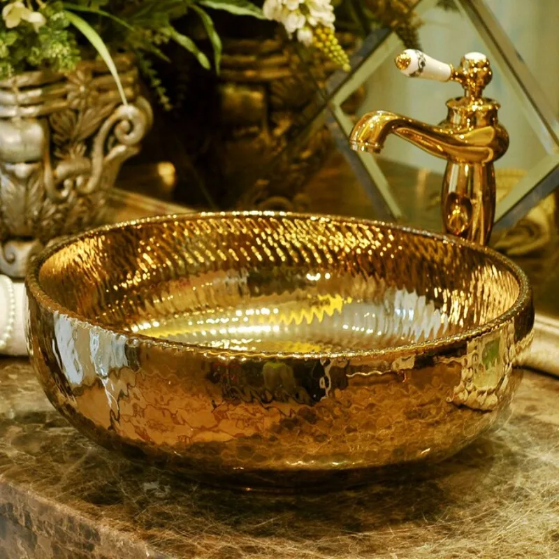 ceramic art basin, golden washbasin, countertop basin, round  bathroom washbasin, household use