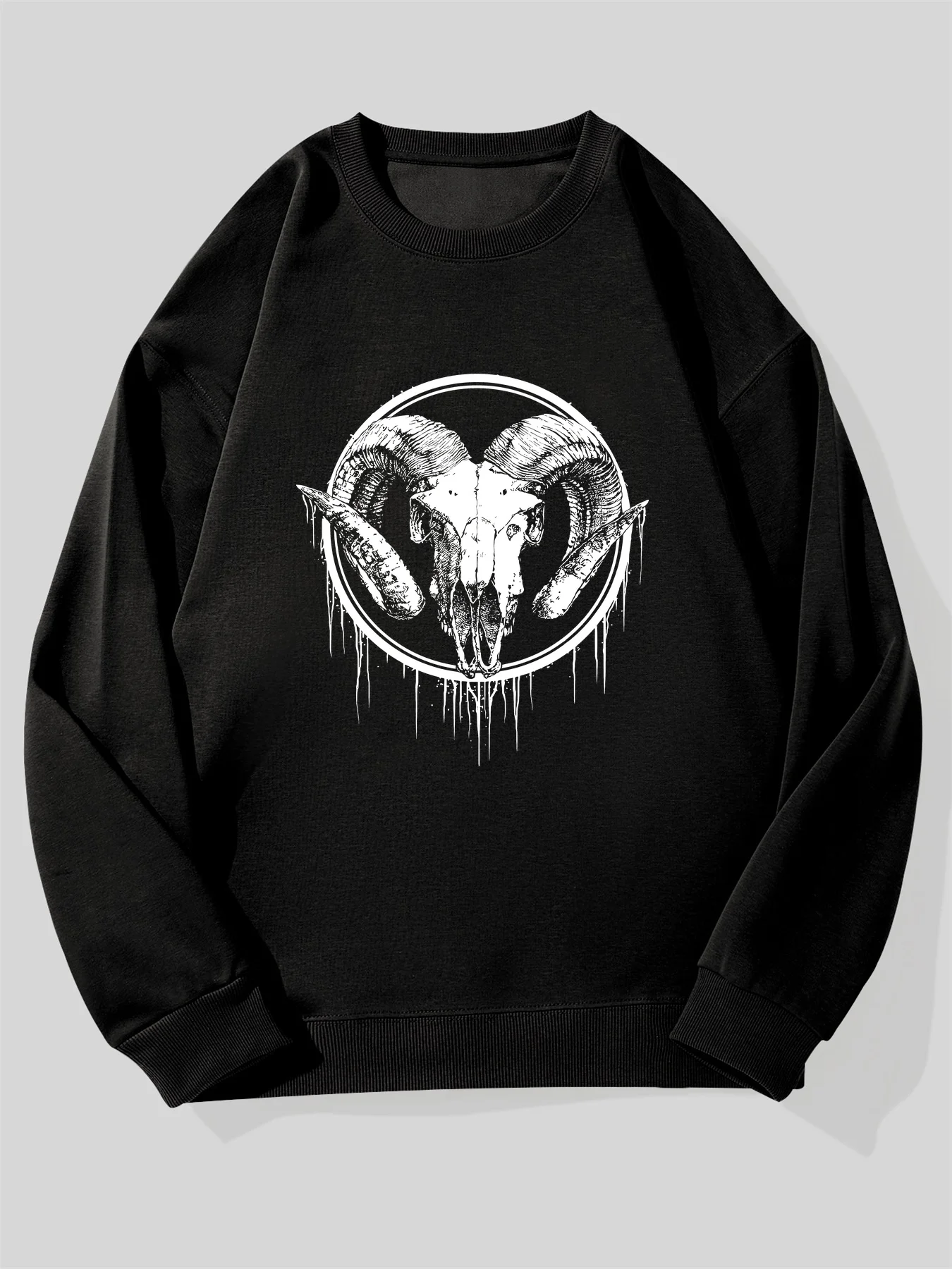 Men's Gothic Ram Head Horns Graphic Sweatshirt Pullover Dark Navy Blue with White Ram Skull Statement Gothic Style Sweater
