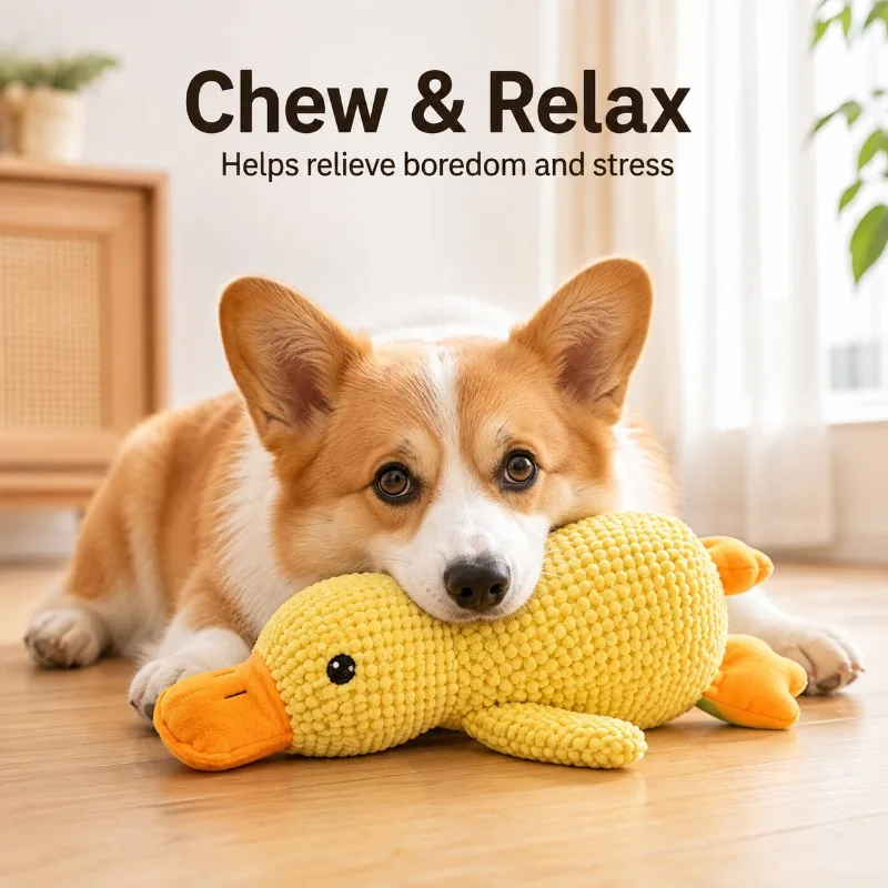 Soft Chenille Duck Dog Toy with Squeaker, Plush Chew and Cuddle Toy, Embroidered Eyes Interactive Pet Toy for Boredom Relief