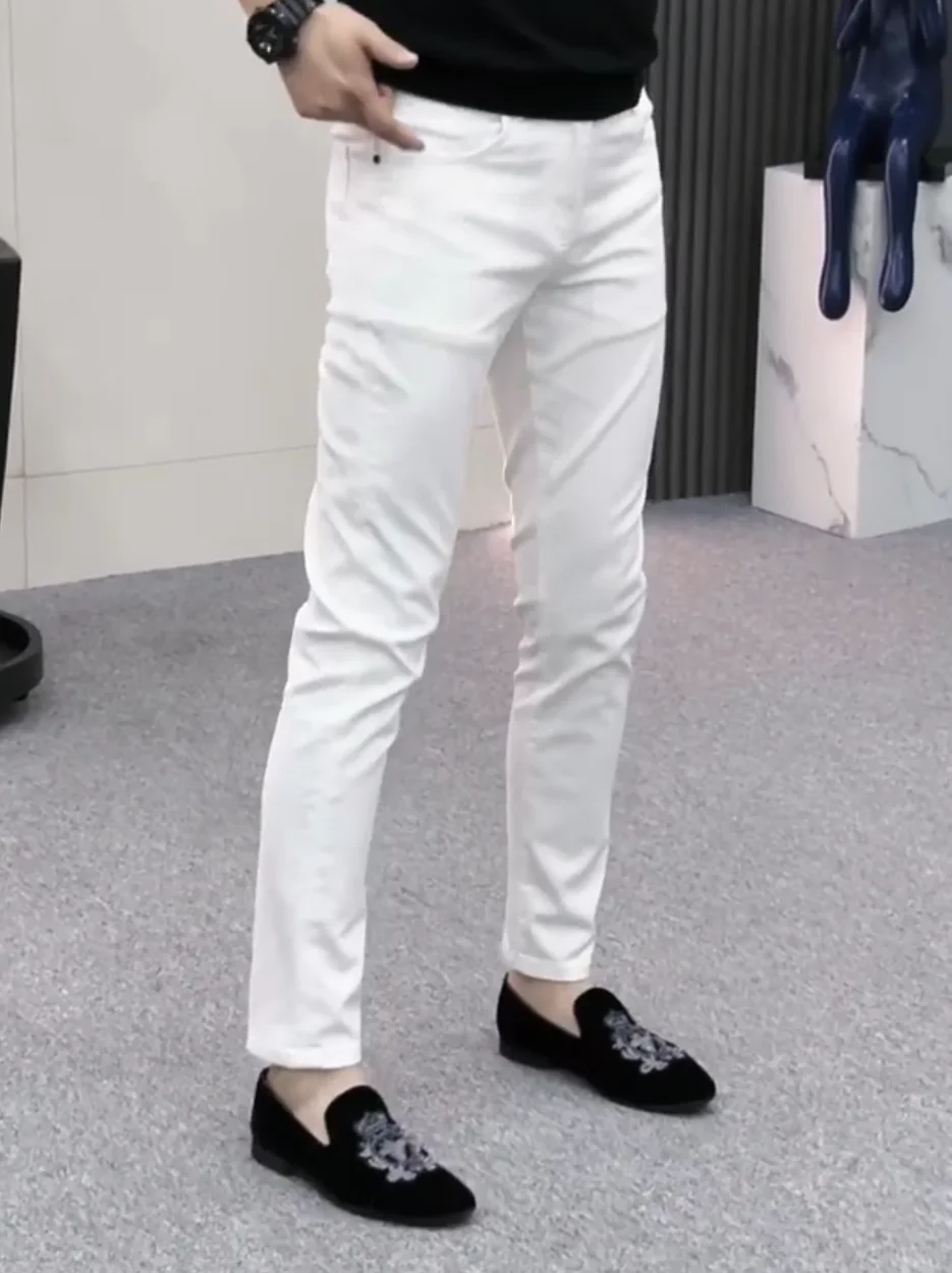 New Spring Summer Men's Premium Clean Pure White Versatile Fashionable Denim Jeans High Waist Straight Leg Slim Fit Casual