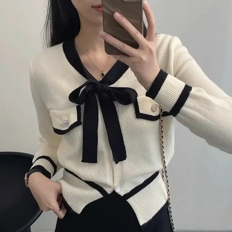 Deeptown Elegant Cardigan Sweater Woman Coquette Bow Knitted Tops Korean Fashion Autumn Winter Patchwork Long Sleeve Sweaters