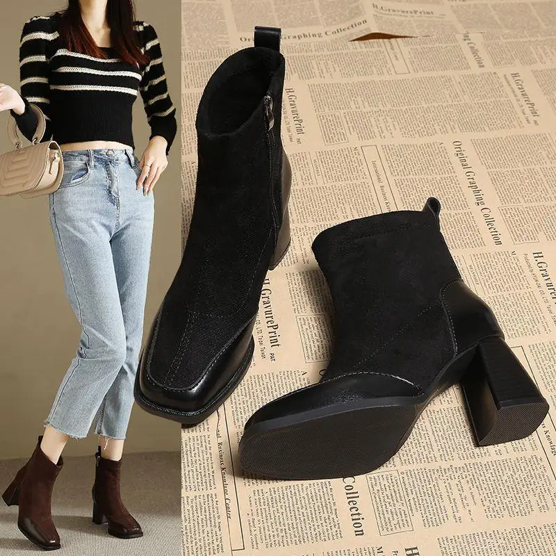 حجم كبير الأحذية النسائية المألوف صندل بكعب مكتنز التمهيد القصير الخريف نمط جديد العصرية الأحذية النمط البريطاني للأقدام حجم كبير