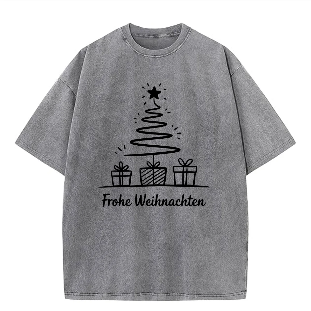 تي شيرت كبير الحجم بخطوط شجرة عيد الميلاد 230 جرام من القطن الثقيل المغسول للرجال برسومات مضحكة تي شيرت كاجوال كلاسيكي