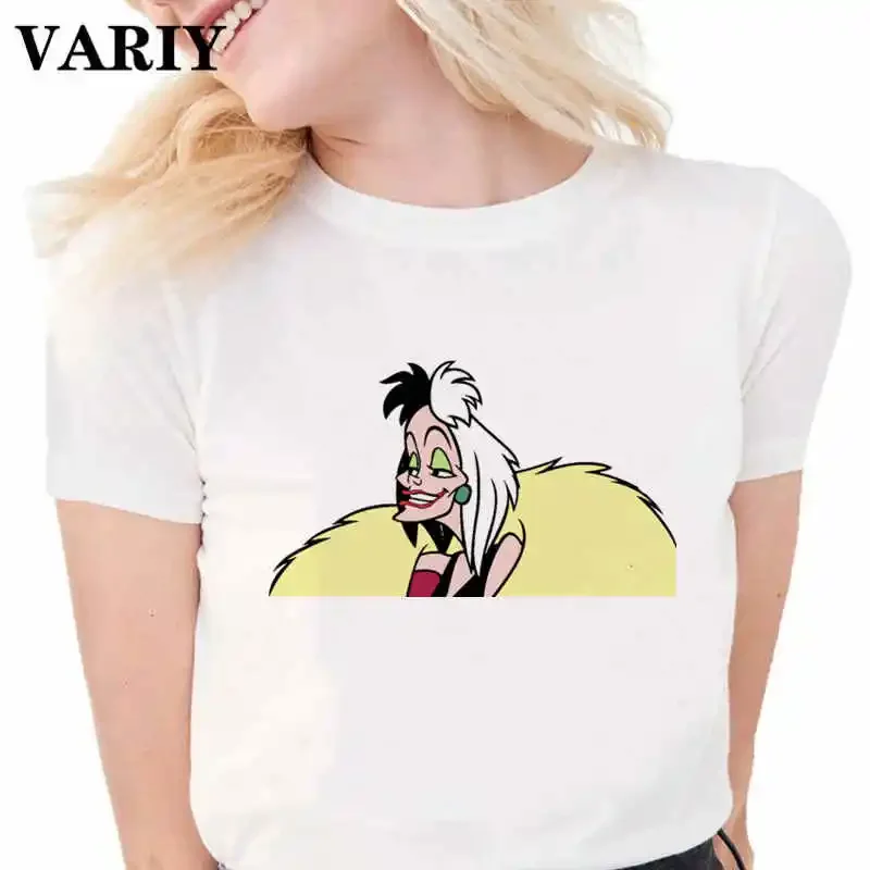 Women Gothic Tops Cruella De Vil T-Shirt Fashion Lady Clothes 101 Dalmatians Graphic Short Sleeved Tees Harajuku Female Tshirt