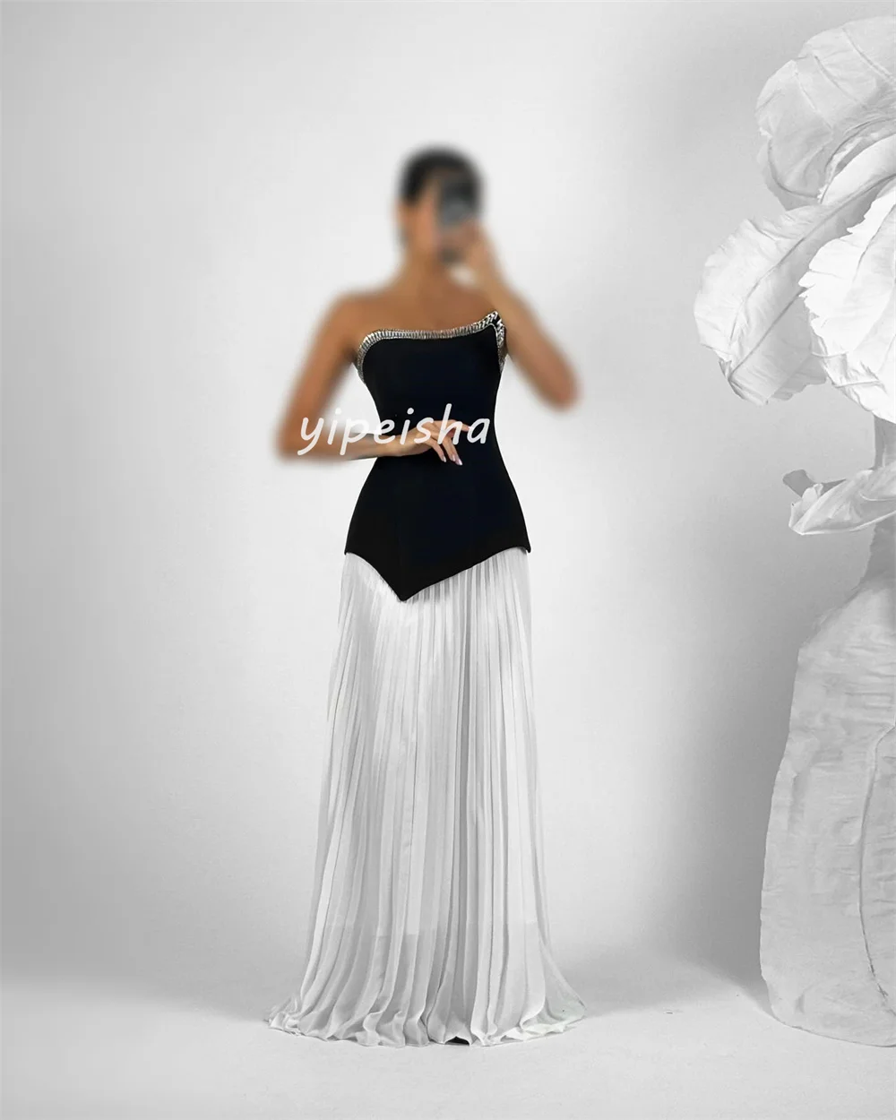 Abiti lunghi senza spalline a trapezio con strass drappeggiati in jersey abbinato in stile cinese personalizzato Abiti per occasioni su misura Moda