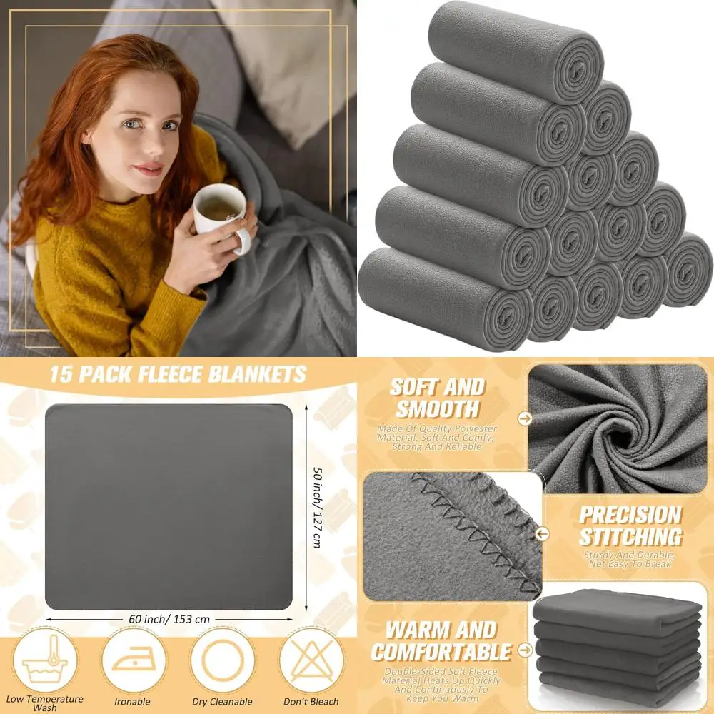 Bulk Paquete de 15 mantas polares ultrasuaves de doble cara de 50x60: ideales para viajes, hogar, oficina, bodas y exteriores (gris)