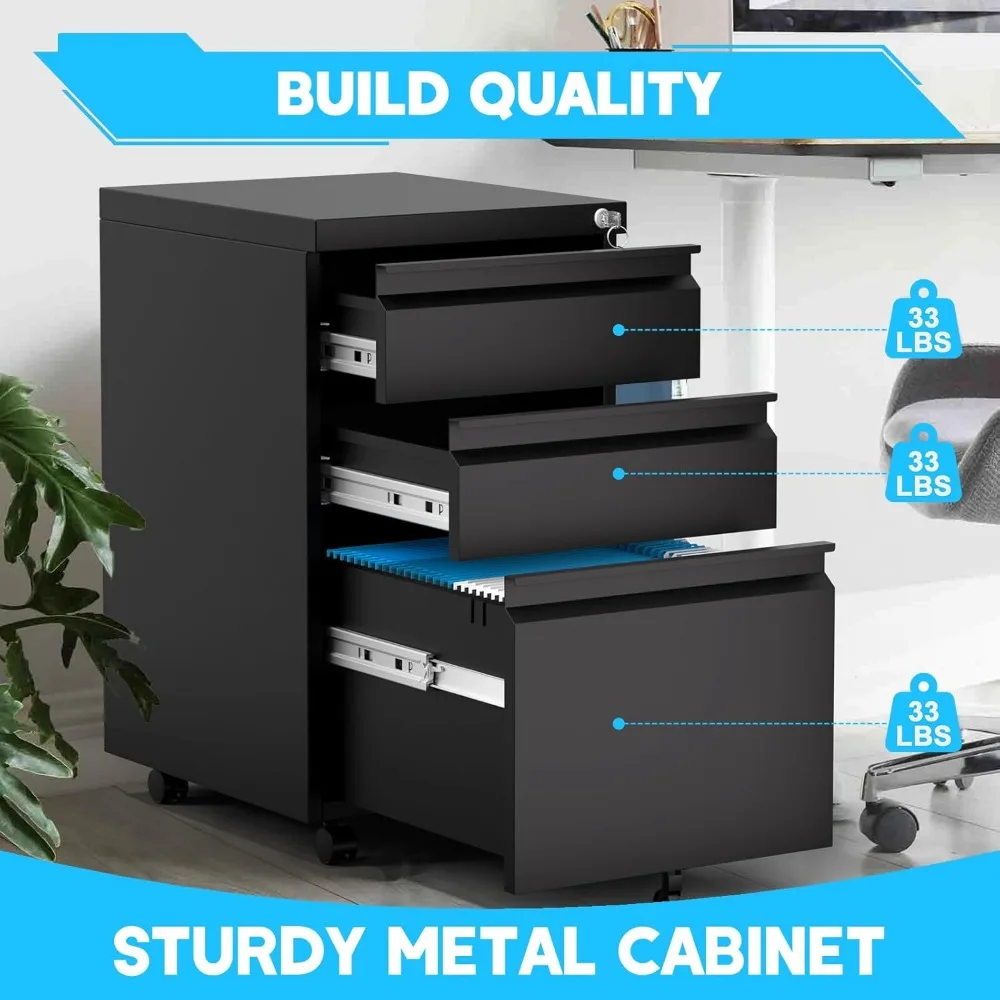 خزانة ملفات متنقلة بثلاثة أدراج مقاس 24 بوصة - خزانة ملفات جانبية للمكتب مع قفل/2 مفتاحًا، خزانة ملفات معدنية تحت المكتب مع ضبط