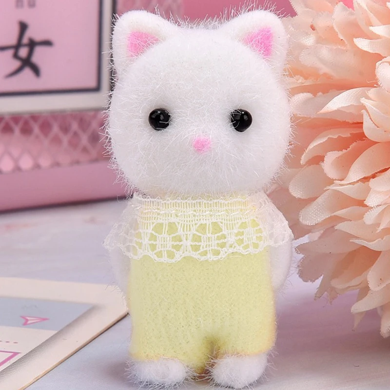 1PC  5cm Families Forest Flocking Cat Model Plush Dolls Figurines Anime Toys Table Decoration Birthday Party Gift