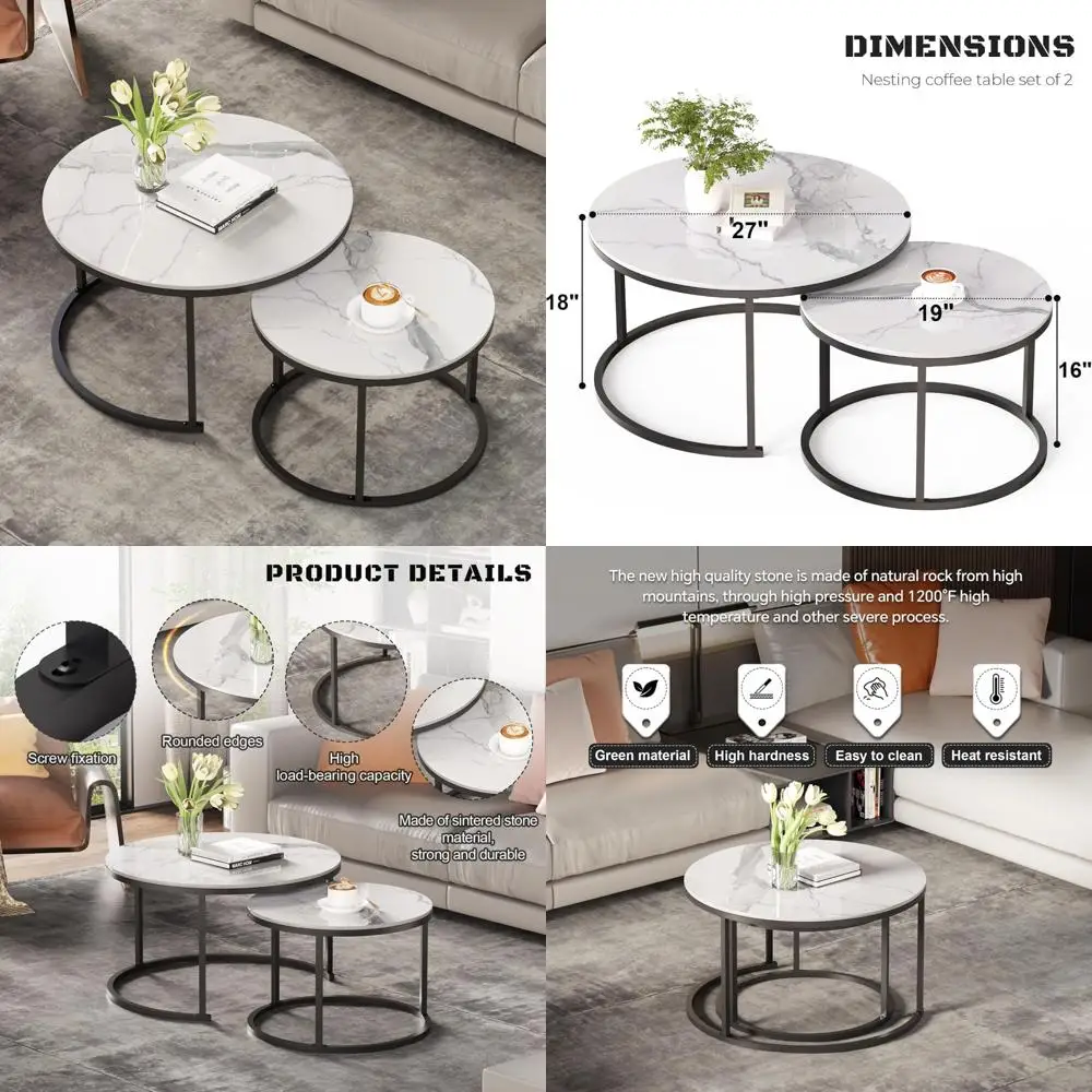 طاولات القهوة البيضاء المتداخلة - تصميم حديث مع قمصان حجرية ملبدة وإطارات معدنية لمساحات المعيشة #1