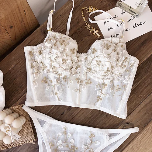 Conjunto de ropa interior Sexy con bordado de flores de encaje para mujer, conjunto de sujetador de realce moldeador de cuerpo francés, conjuntos de lencería blanca romántica, 2 piezas