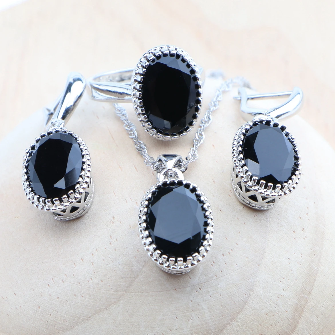 925 Silver Bridal Jewelry Sets Black Zirconia For Women Wedding Necklace Earrings Rings Bracelets Pendant