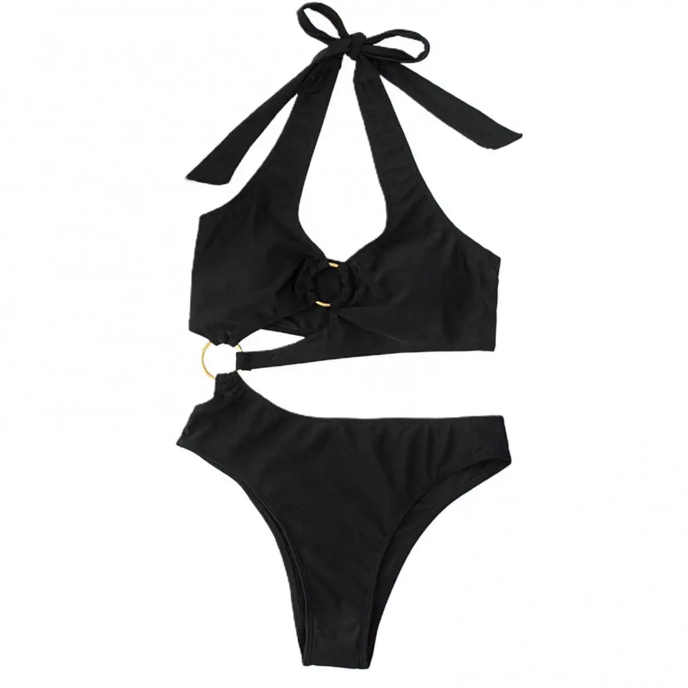 Sexy Swimsuit for Women Bikini Halter Bra Briefs Hollow Out O Ring Solid Color Bikini Swimwear Set