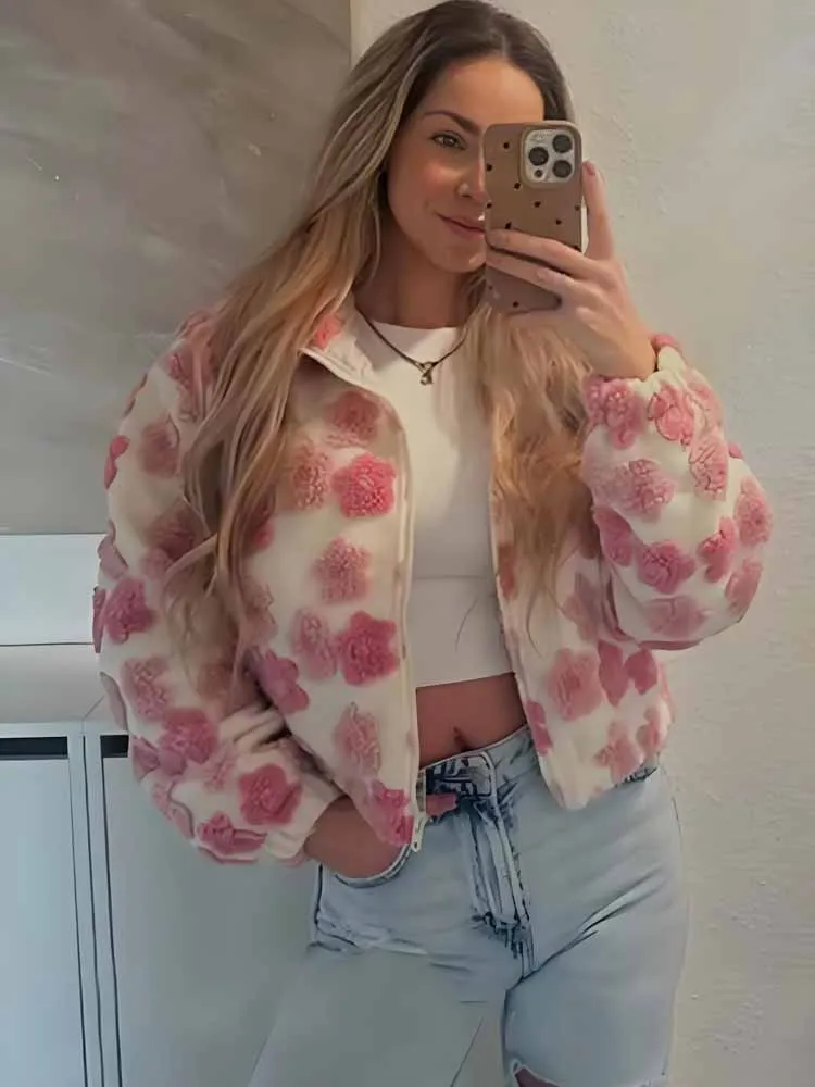 

BKQU Pink 3D Flower Applique Jacket Women Stand Collar Loose Zipper Short Coats Autumn Elegant Warm Plush Lady Street Outerwear