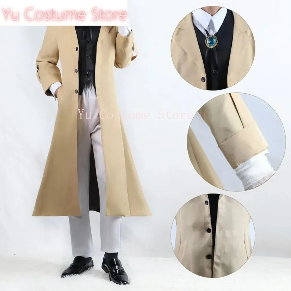 

Костюм для косплея Дазай Осаму из аниме «Бродячие собаки»: длинная куртка, плащ, наклейки, повязки, униформа, одежда для Хэллоуина