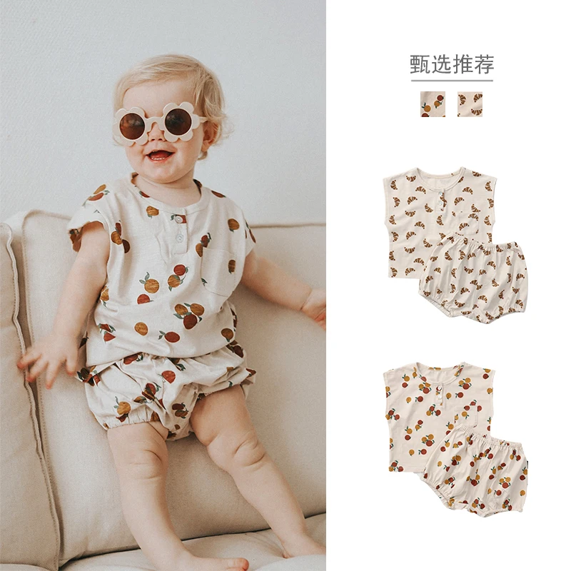 

Jenny&Dave 2023 new bamboo knot cotton baby cotton summer suit thin baby short-sleeved outdoor ins style short pants children