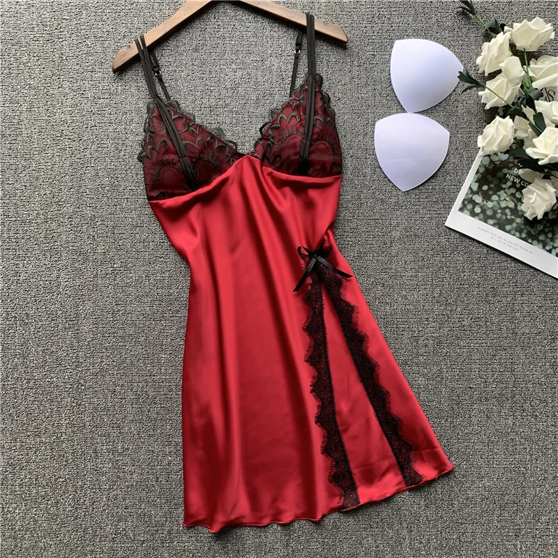 Summer Women Satin Sleeveless Nightgowns Female Sexy Nightshirts Split Sleepshirts Lace Sleepwear Backless Nightdress