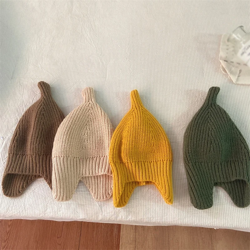 Autumn Winter Ear Protection Baby Hat Warm Knitted Kids Hat Cap Solid Color Infant Boy Girls Beanie Bonnet Infant