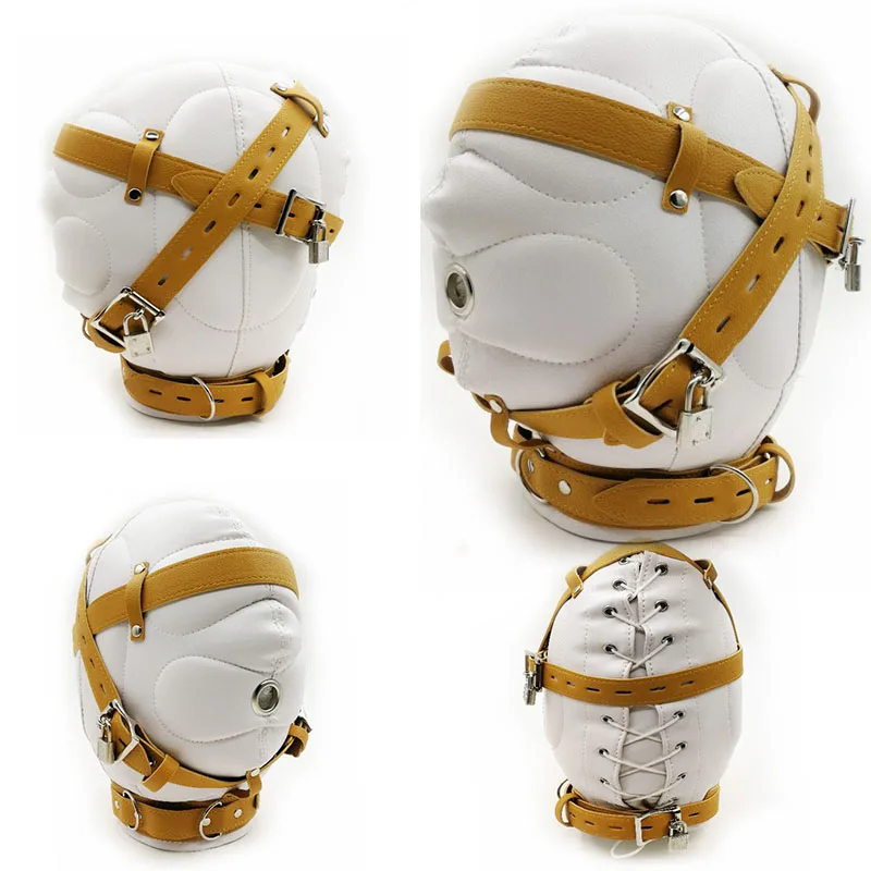 PU Leather Total Sensory Deprivation Full Head Bondage Hood Headgear Mouth Open Lockable Gimp Bondage BDSM Sex Toy for Couple