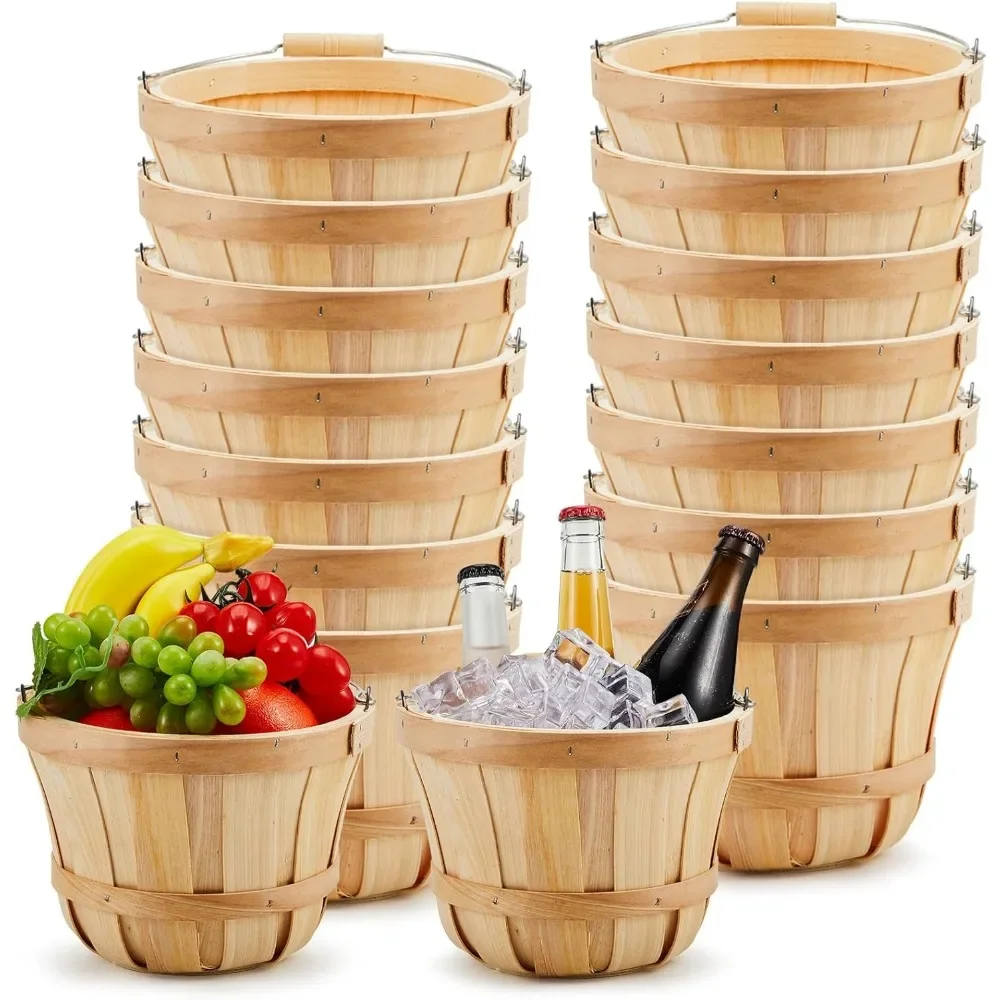 

16 Pcs Round Wooden Baskets - 7.5 x 5.9 Inch Fruit and Vegetable Buckets with Handle