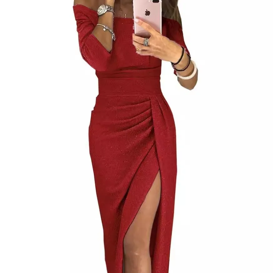 Midi Length Off Shoulder Gown Mid Length Sweet and Fresh with Three Quarter Sleeve Off Shoulder Neckline Dress Summer for Women