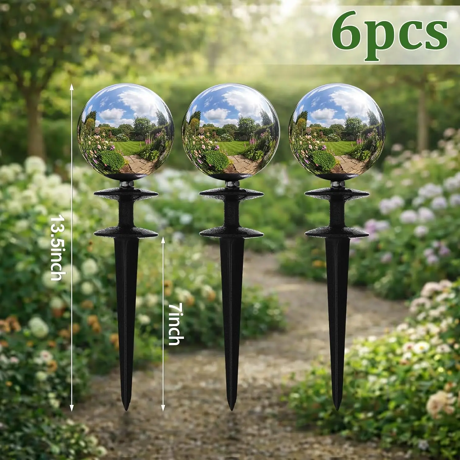 6 Pcs Garden Hose Guide Spike 13.5'' Decorative Ball, Silver