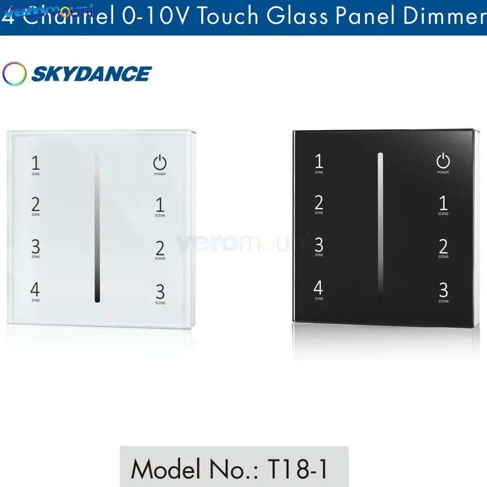 T18-1 Skydance 0/1-10V LED Dimmer 4CH Wall Mounted Glass Panel Touch Dimming 2.4G RF Wireless Remote for Single Color LED Strip