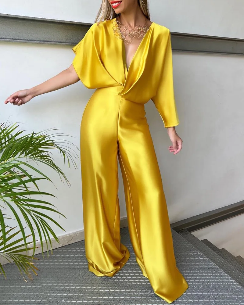 

Women's Satin Asymmetric Bat Sleeve Jumpsuit Slim Fit Jumpsuit Waist Wrapped Monochromatic Casual Fashion Spring Summer