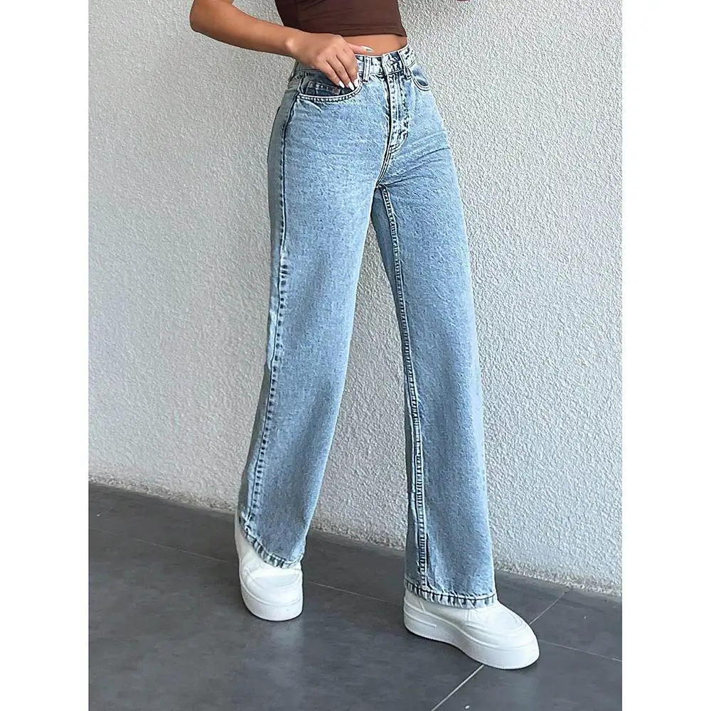 

High Waist Wide Leg Straight Cut Jeans Women's Retro Style Casual Blue Denim Trousers Loose Fit Long Pants